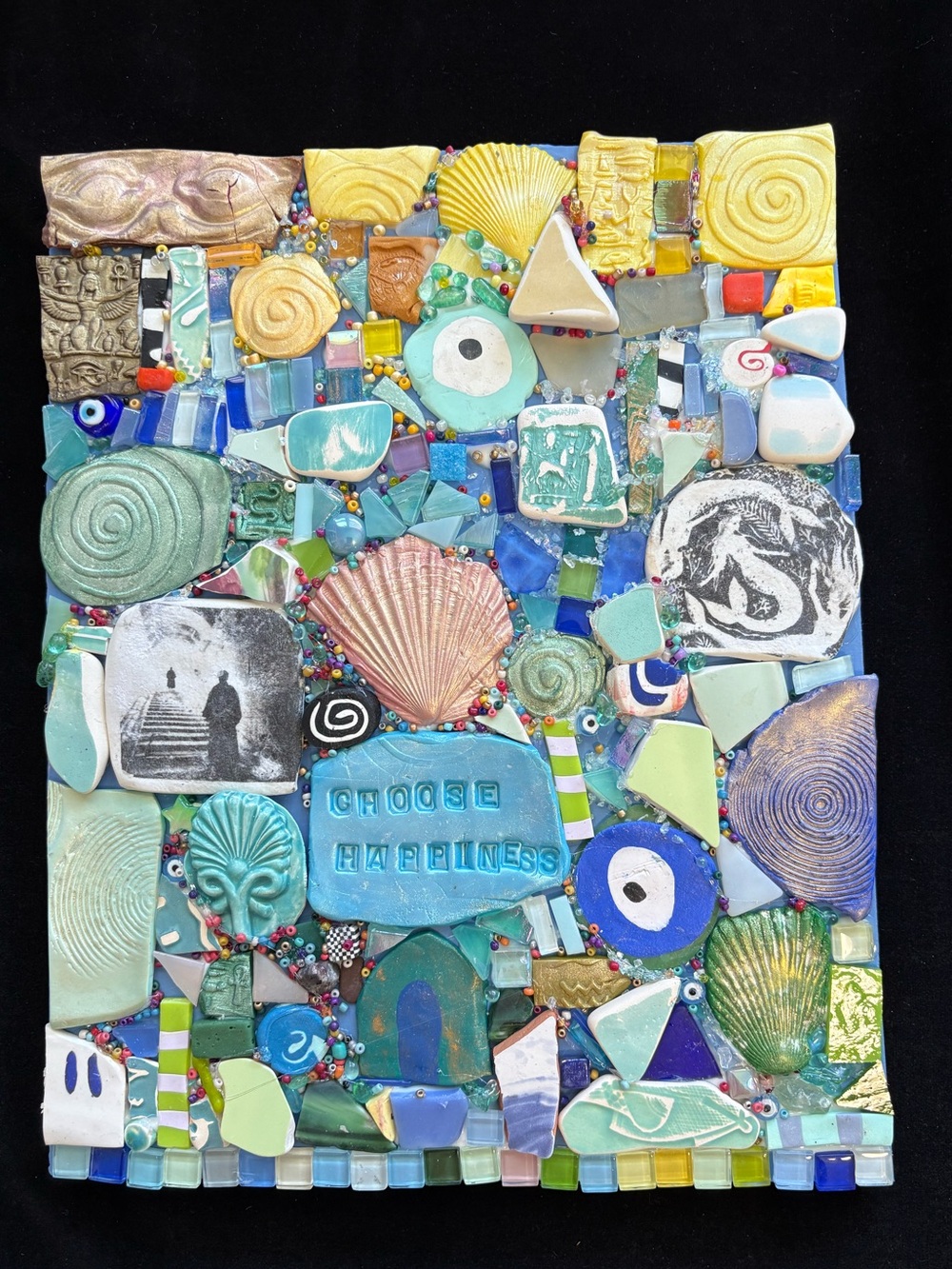 Handmade Mosaic Art”Choose Happiness Polymer Clay &GlassOriginal On Wood 12”x 9”